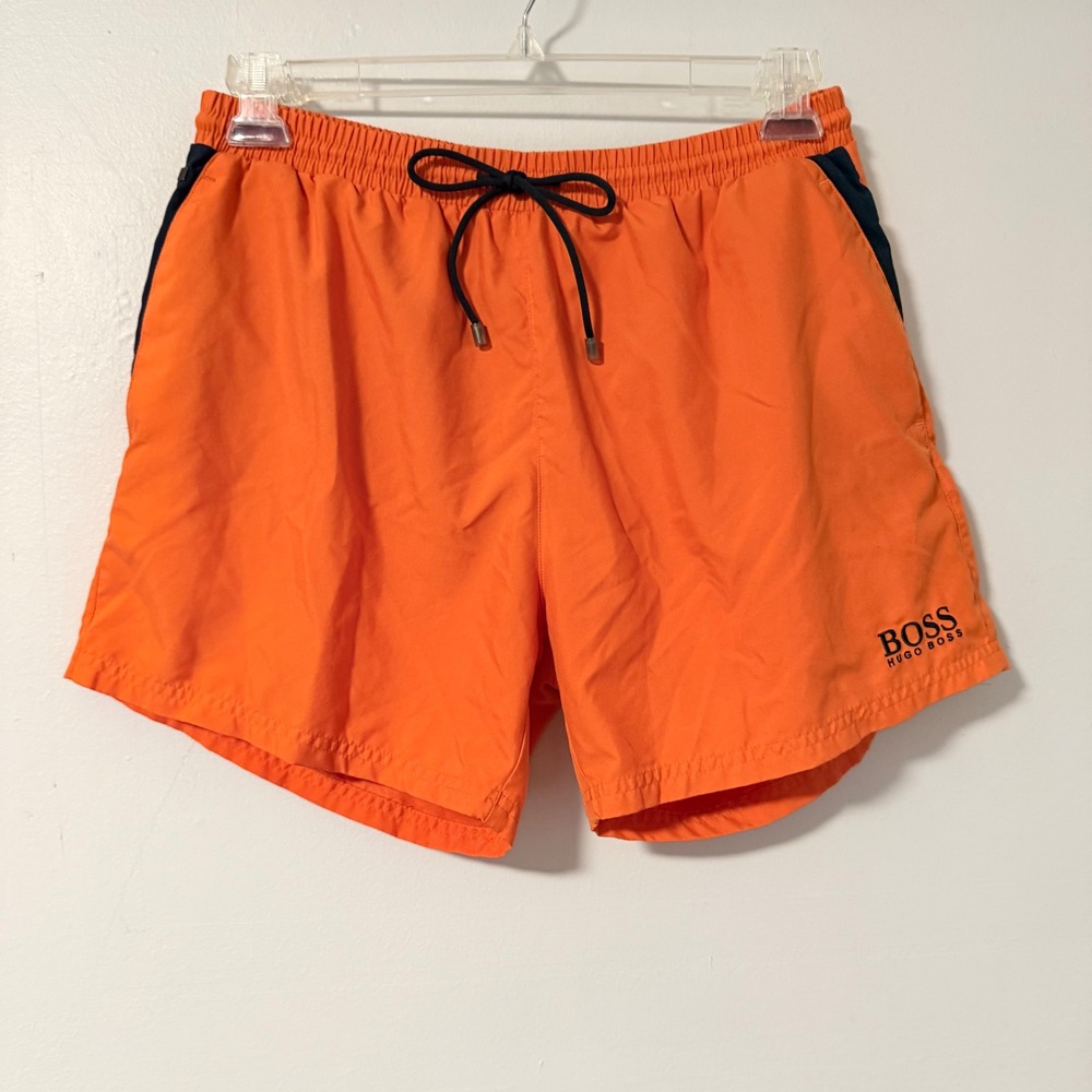 Hugo Boss Mens Swim Trunks Orange Navy Blue Logo Drawstring Mesh Lined Large